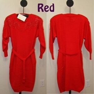 4916 Belldini Women's Acrylic Beaded Sweater Dress  - Red Medium